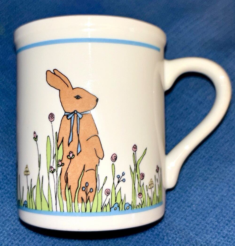 Vintage Ceramic Coffee Mug by Carolyn Lary for Papel; Rabbit Floral Design